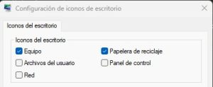 Captura de pantalla de la ventana "Configuración de iconos de escritorio" de Windows, mostrando casillas de verificación para Equipo, Papelera de reciclaje, Archivos del usuario, Panel de control y Red.