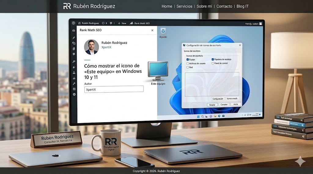 Una toma de escritorio de estudio que muestra un monitor de computadora grande con una vista de la ciudad de Barcelona y la Torre Agbar de fondo. El monitor muestra la interfaz de la página web de Rubén Rodríguez y un tutorial sobre cómo mostrar el icono de "Este equipo" en Windows 10 y 11. En el escritorio hay una taza de café, dos computadoras portátiles y un smartphone.