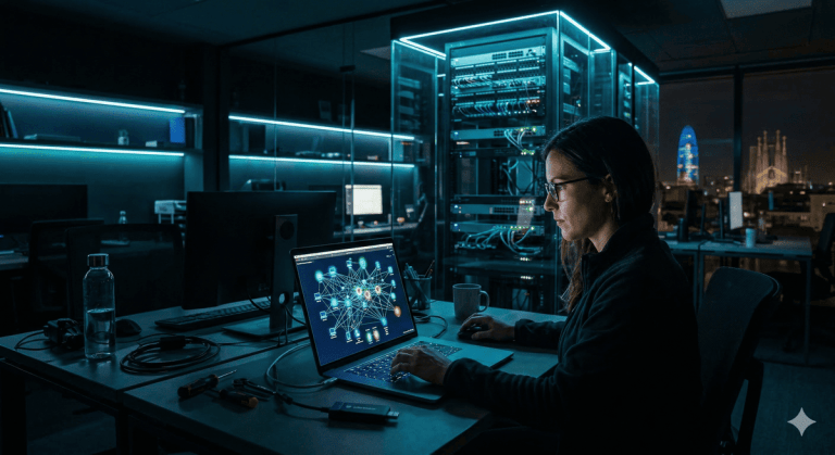 Profesional IT realizando auditoría WiFi en red corporativa