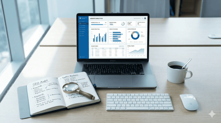 Dashboard de análisis web con métricas de rendimiento SEO y velocidad de carga
