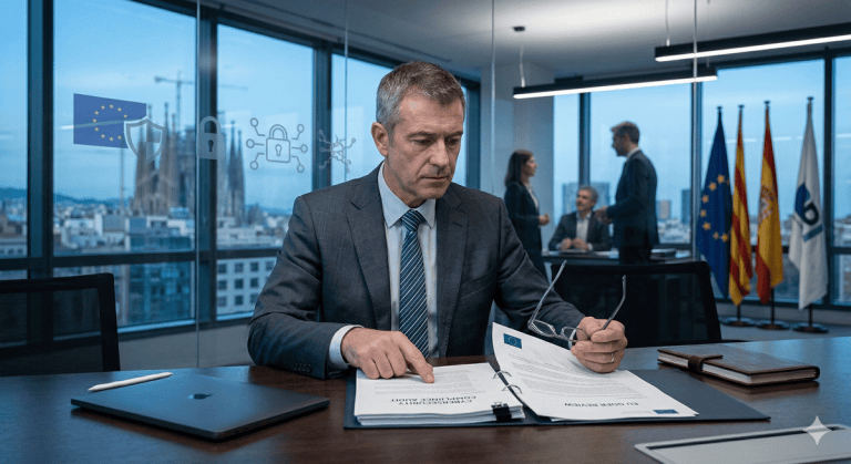 Empresario revisando el cumplimiento de la directiva NIS2 en España