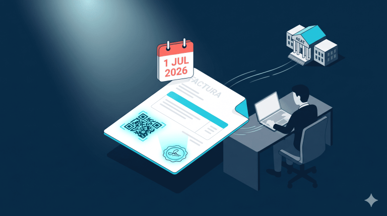 Ilustración Verifactu 2026: factura electrónica con firma digital y deadline AEAT 1 julio 2026 para gestorías y autónomos en España