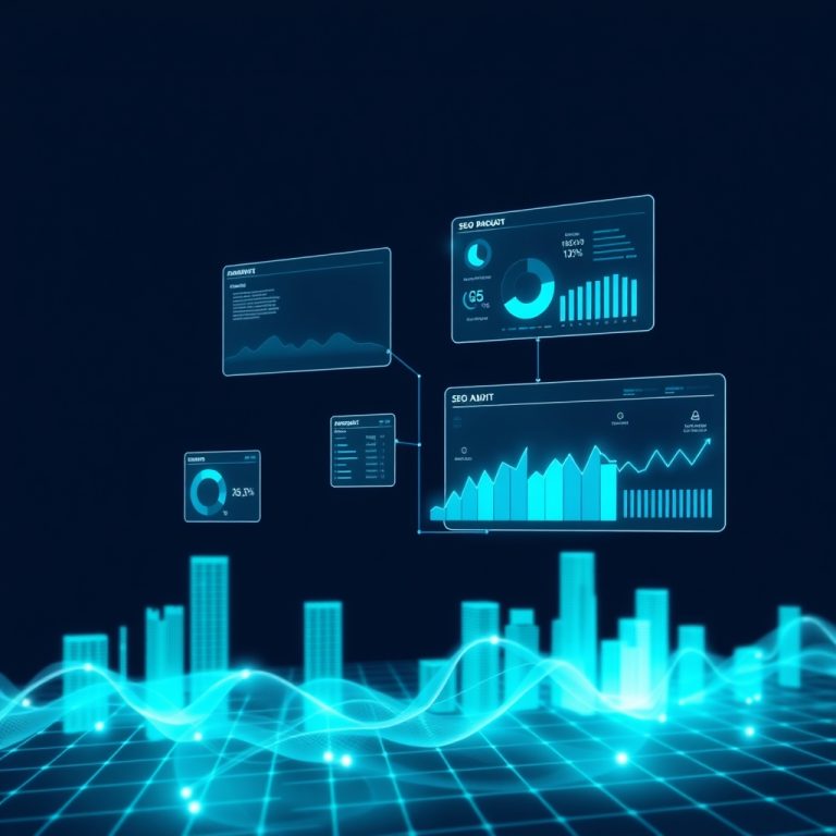 Representación visual de una auditoría SEO en Barcelona con paneles de datos y métricas digitales sobre fondo azul oscuro