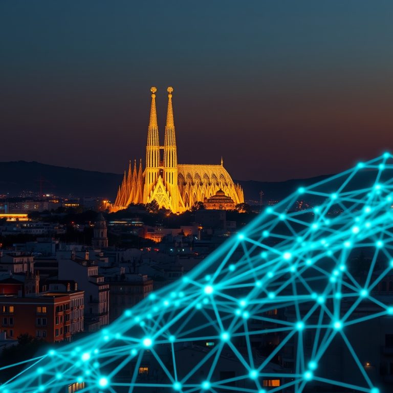 Panorámica de Barcelona con la Sagrada Familia y red digital representando estrategia de consultor SEO para pymes