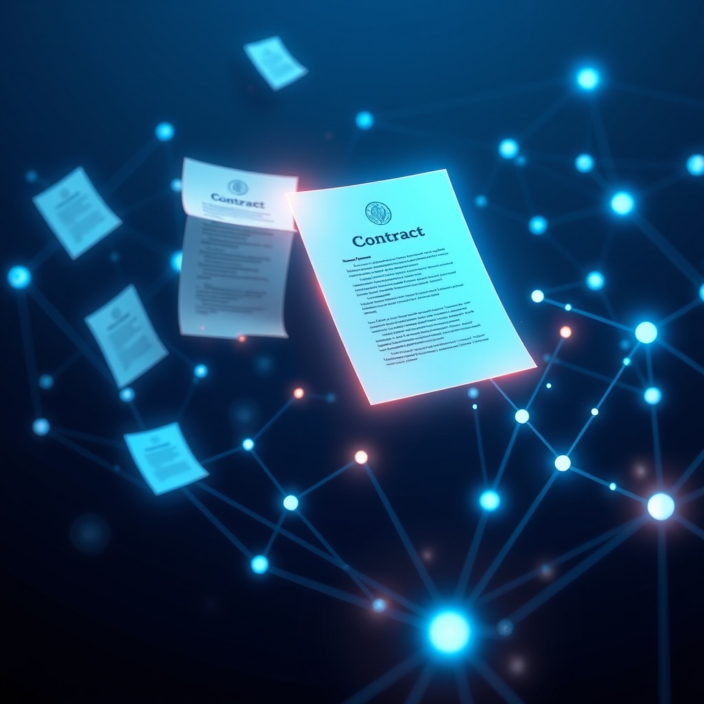 Visualización abstracta de IA para despachos de abogados con redes de datos y documentos jurídicos digitales
