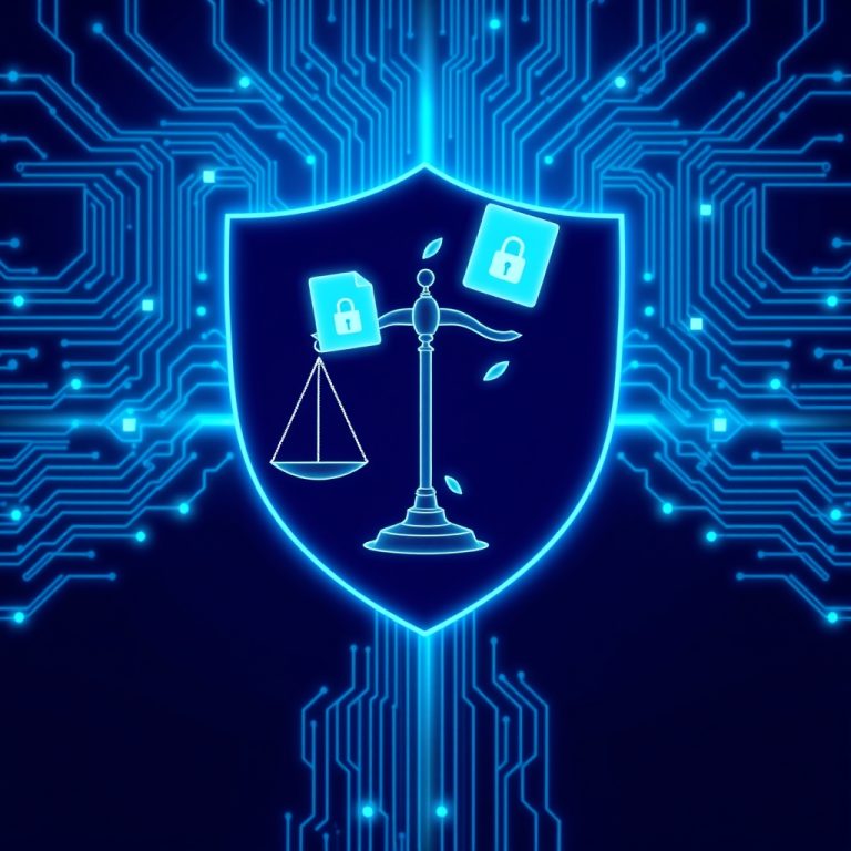 Representación visual de ia despachos abogados confidencialidad con escudo digital y documentos cifrados