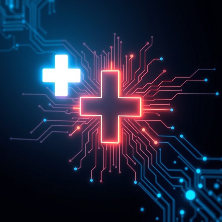Representación visual de IA para clínicas con circuitos digitales y datos médicos en tonos azul y cian