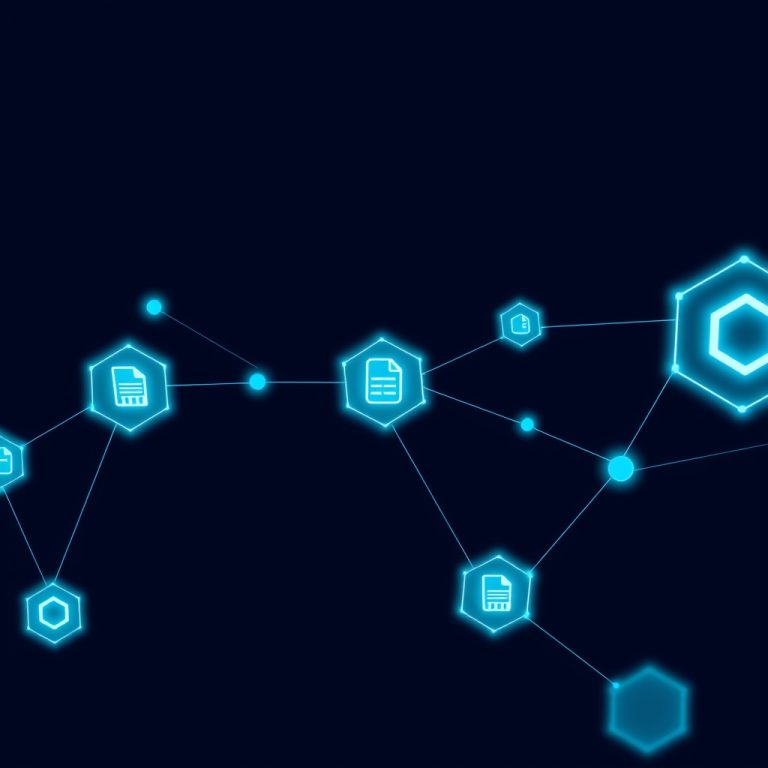 Diagrama conceptual de IA para gestorías con redes de datos y documentos digitales en azul y cian