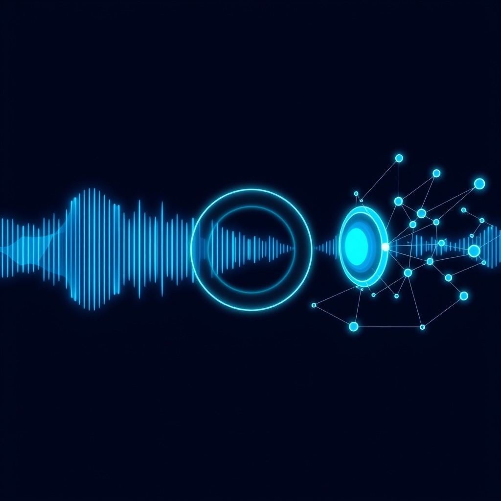 Ondas de voz digitales y nodos de red representando un agente de voz IA para empresas