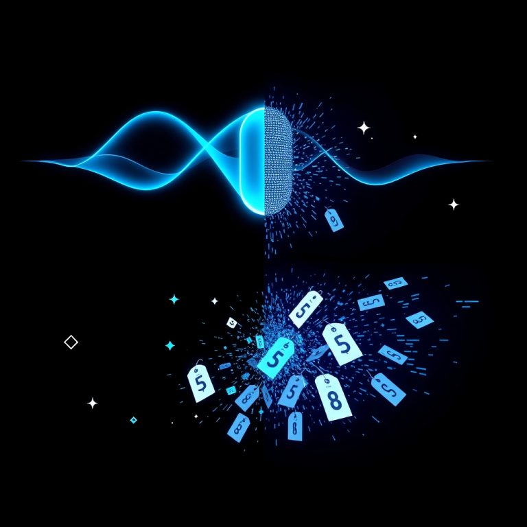 Asistente de voz con IA para empresas mostrando datos incorrectos: onda de audio fragmentada sobre fondo azul oscuro