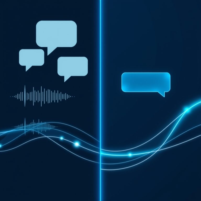 Comparativa visual entre chatbot o agente de voz para pymes con ondas sonoras e interfaces digitales