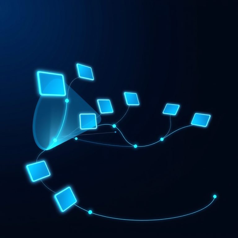 Embudo digital automatizado para seguimiento de leads inmobiliaria con nodos de datos conectados en azul oscuro y cian