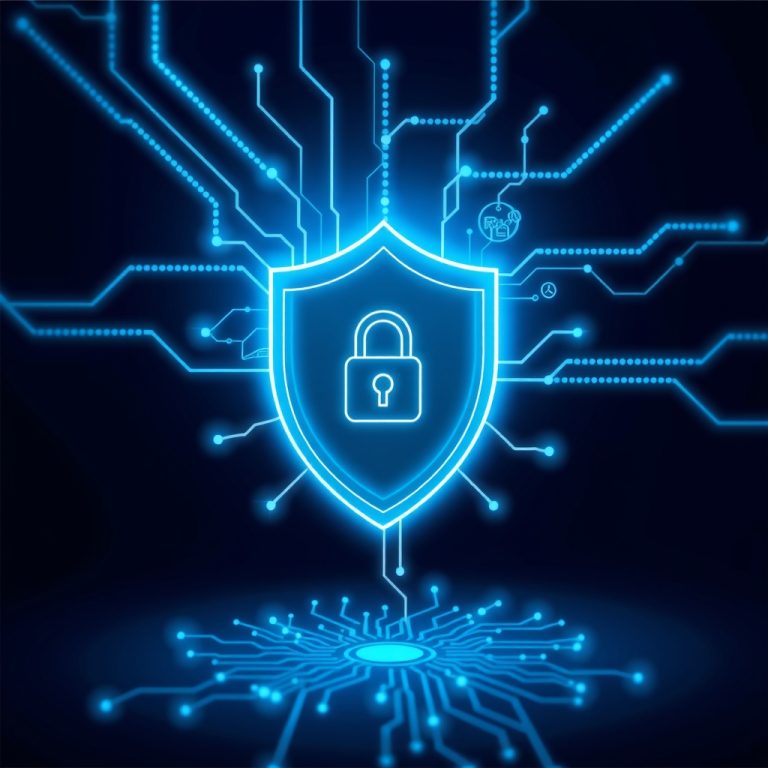 Escudo digital protegiendo documentos legales, concepto de IA en despachos de abogados con confidencialidad garantizada