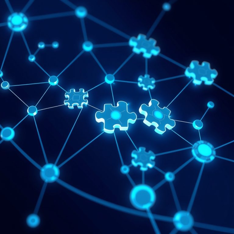 Diagrama abstracto de integraciones Odoo con nodos conectados en red sobre fondo azul oscuro